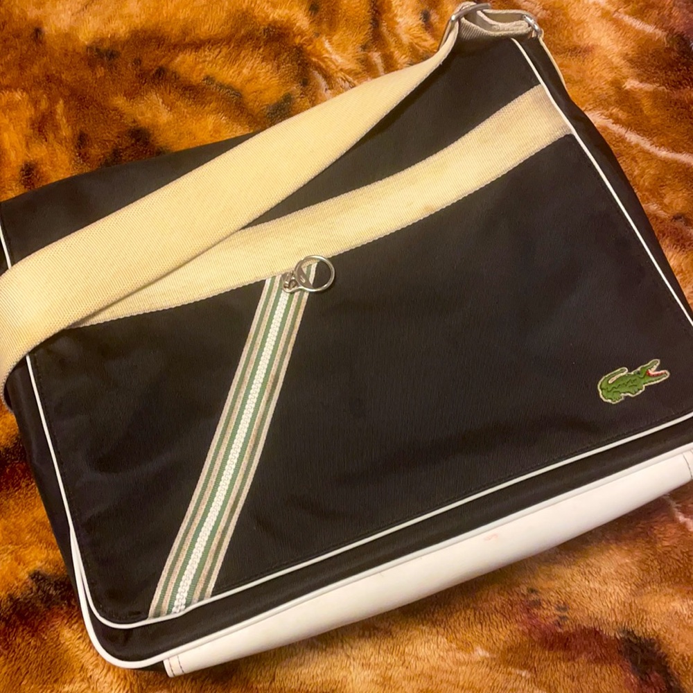 Lacoste Black & White Canvas Messenger Bag with Beige Strap